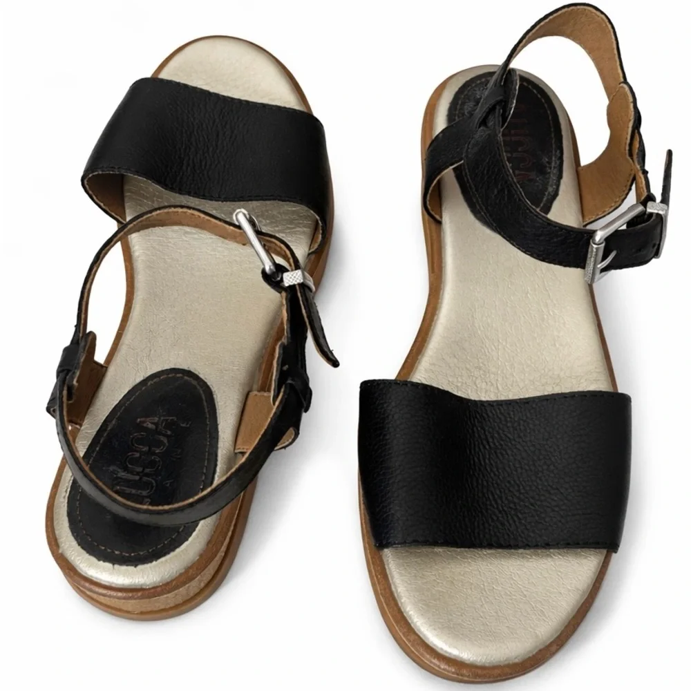 Lucca Lane Black Leather Cork Wedge Sandals Ankle Strap Comfort‎ Size 9 - Picture 3 of 9